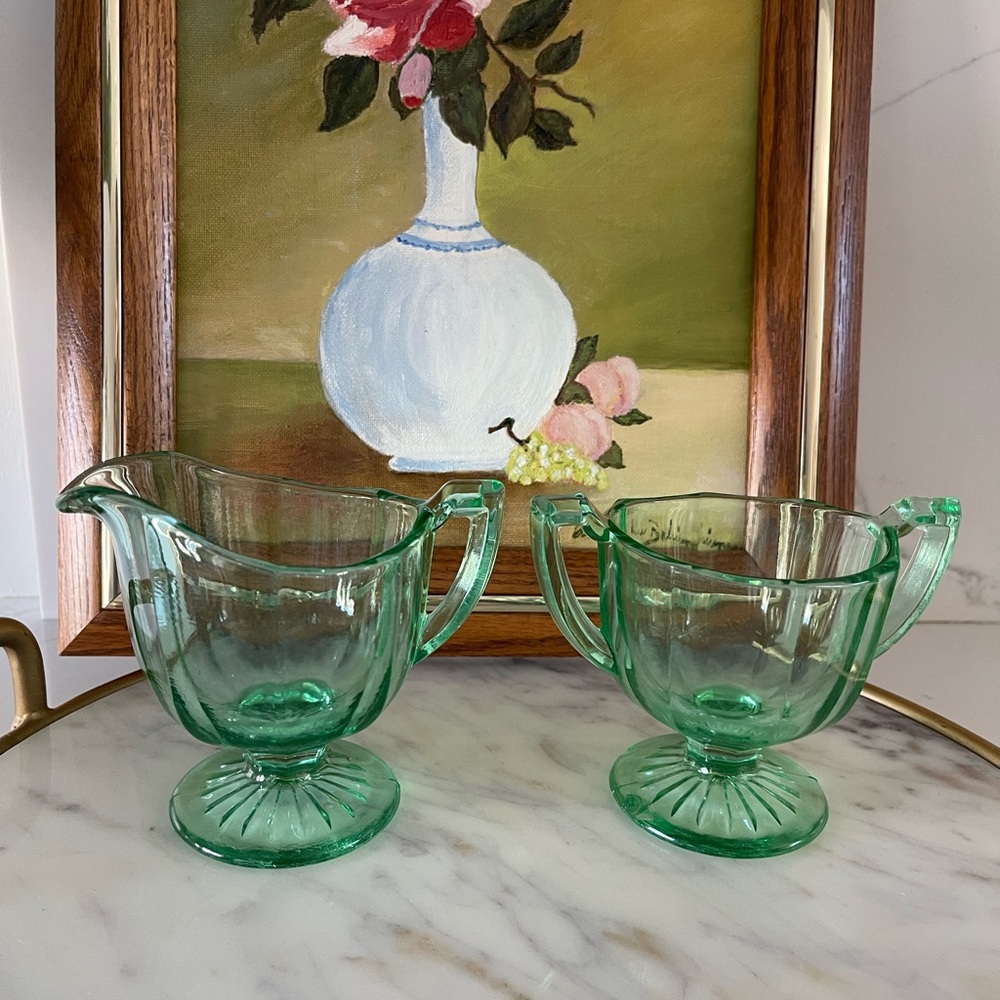 Vintage Green depression glass Creamer and Sugar Set